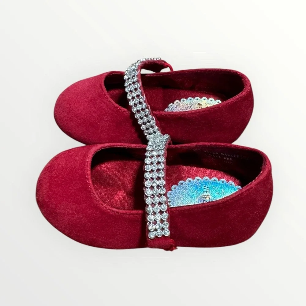 Stuart Weitzman Sugar Ballerina Baby Size 3 Dark Red Rhinestone Mary Jane Flats
